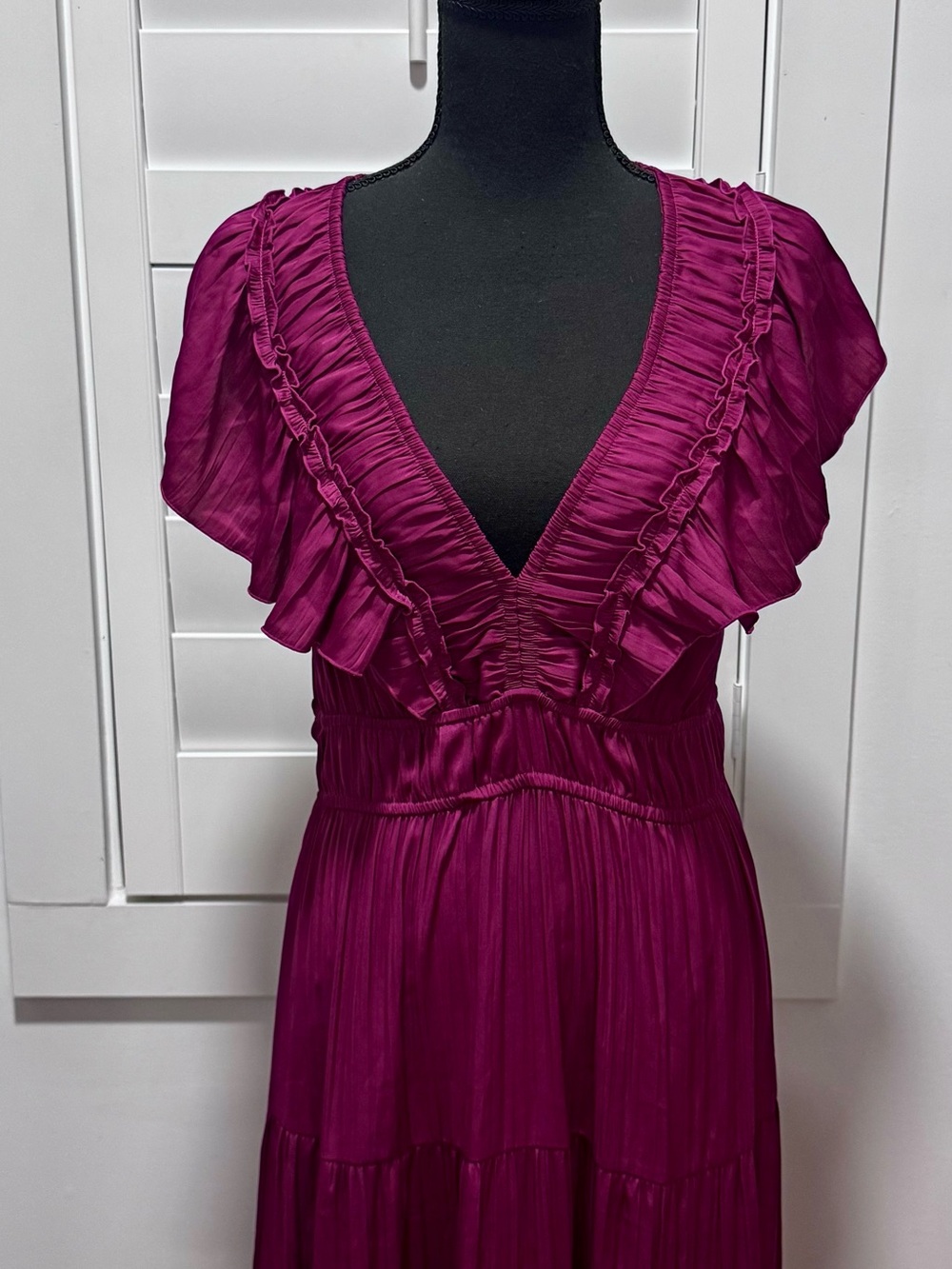 Anthropologie Deep Magenta Ruffle V-Neck Maxi Dress